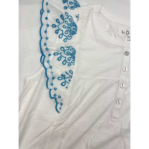 LOFT Women Petite Eyelet Flutter Henley Mixed Media Top L - Picture 10 of 14